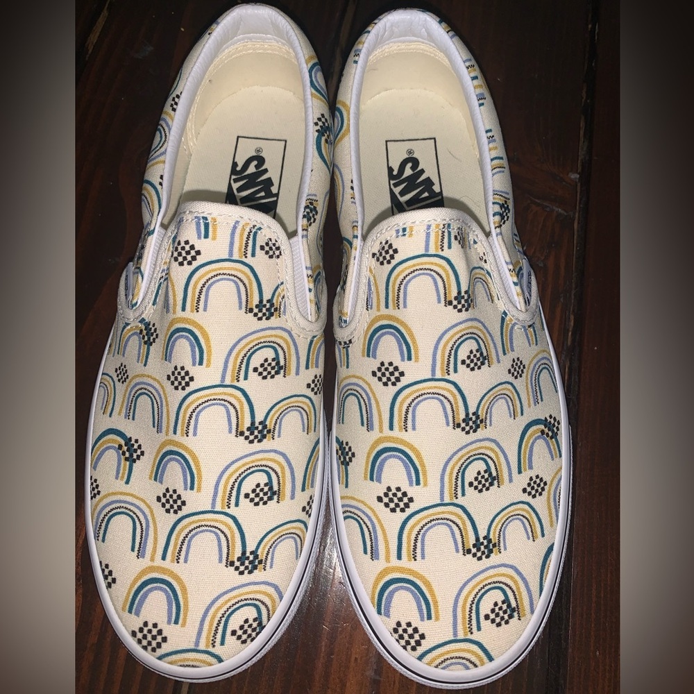 Vans slip on shoes, size 7.0 men’s / 8.5 woman’s, multi print rainbow/ checkered